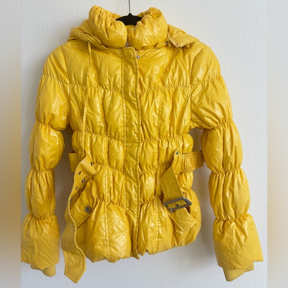 Bright Yellow Glossy Puffer Jacket with Belted Waist